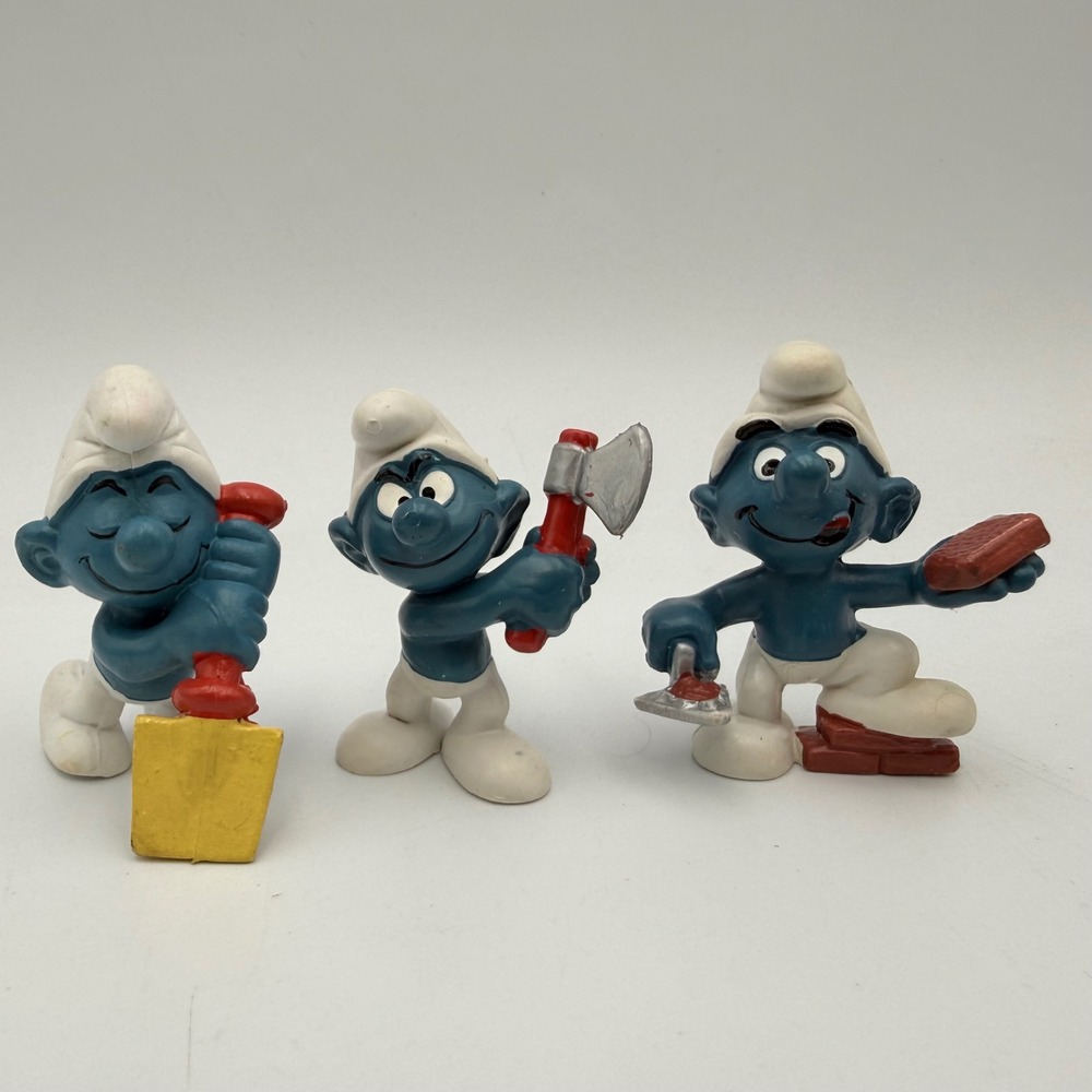 Vintage Schleich Smurfs PVC Figures Lot of 3 Shovel Axe Bricklayer 1970s 1980s
